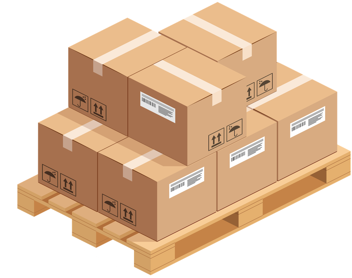 Isometric wooden pallet with stack of boxes