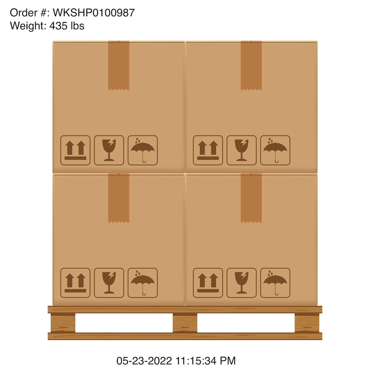 crate boxes four on wooded pallet, wood pallet with cardboard box in factory warehouse storage, flat style warehouse cardboard parcel boxes stack, packaging cargo, 3d boxes brown isolated on white